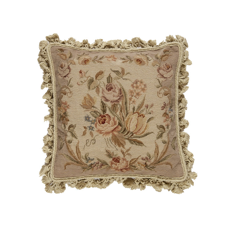Needlepoint Fringed Reversible Throw Pillow, Square 16", Brown Floral 8