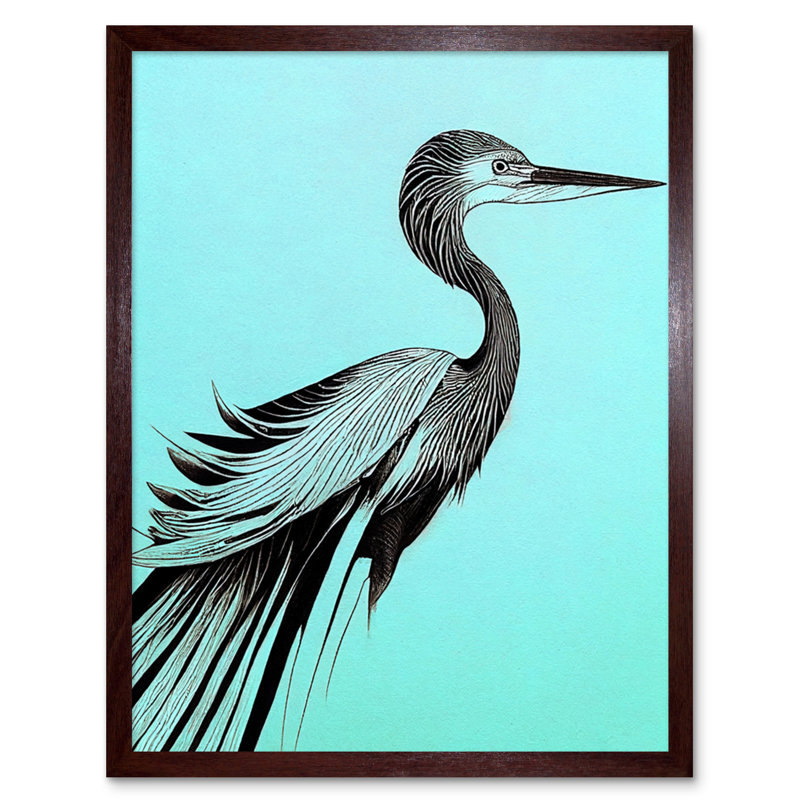 Heron Illustration Pen Ink Black Blue 1 Piece Wall Art, 40.5cm H x 30.5cm W x 0.2cm D, Unframed