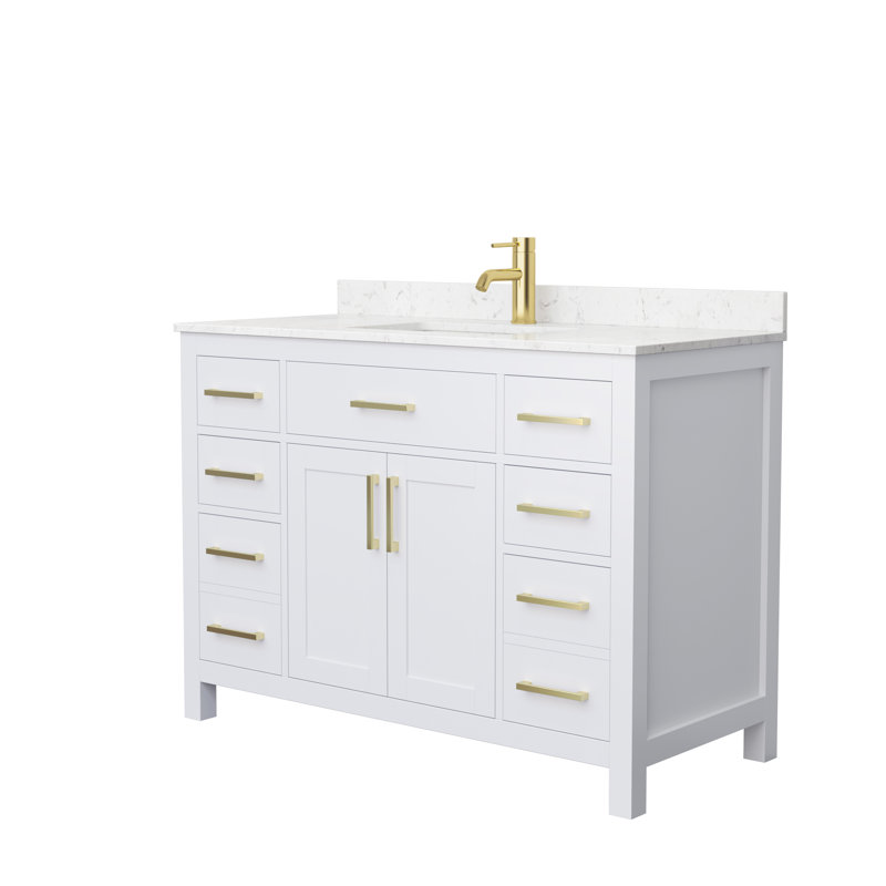 Meuble-lavabo simple autoportant 48 po avec plateau en marbre Beckett, Blanc, Or brossé, Marbre de culture de Carrare