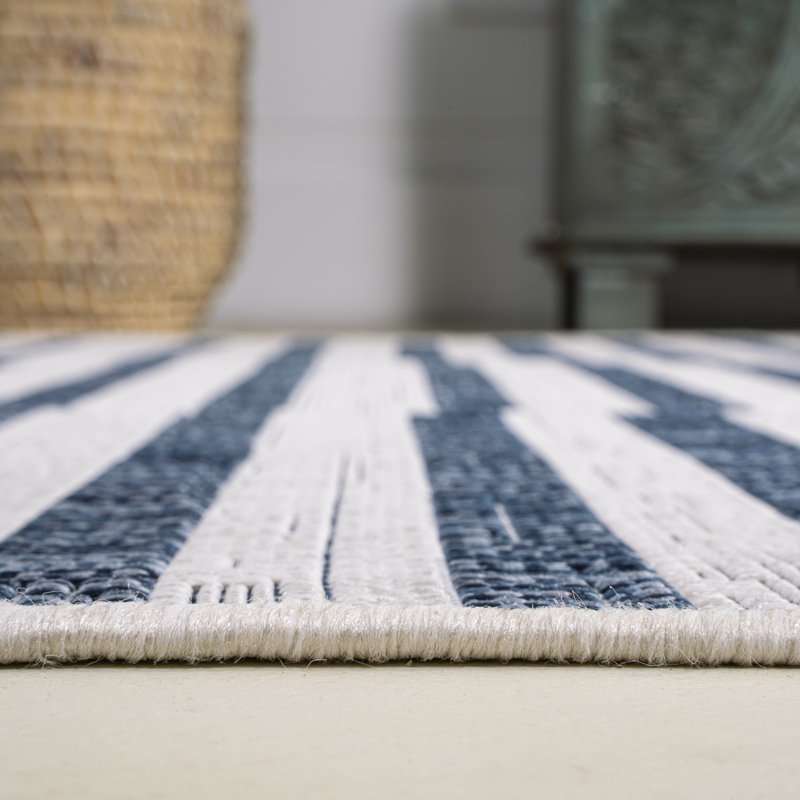 Sukie Modern Offset Stripe Ivory/Blue Indoor/Outdoor Rug, Rectangle 3'11" x 6'