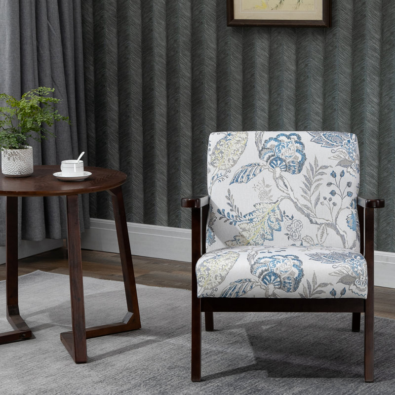 Chaise d'appoint rembourrée avec pieds en bois Mid-Century, Mélange de polyester floral, Brun