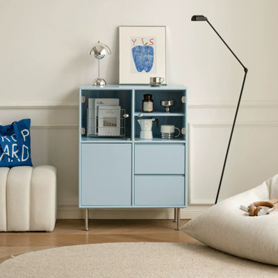 Modern Blue+Silver Manufactured Wood+Glass+Stainless Steel Accent Cabinet