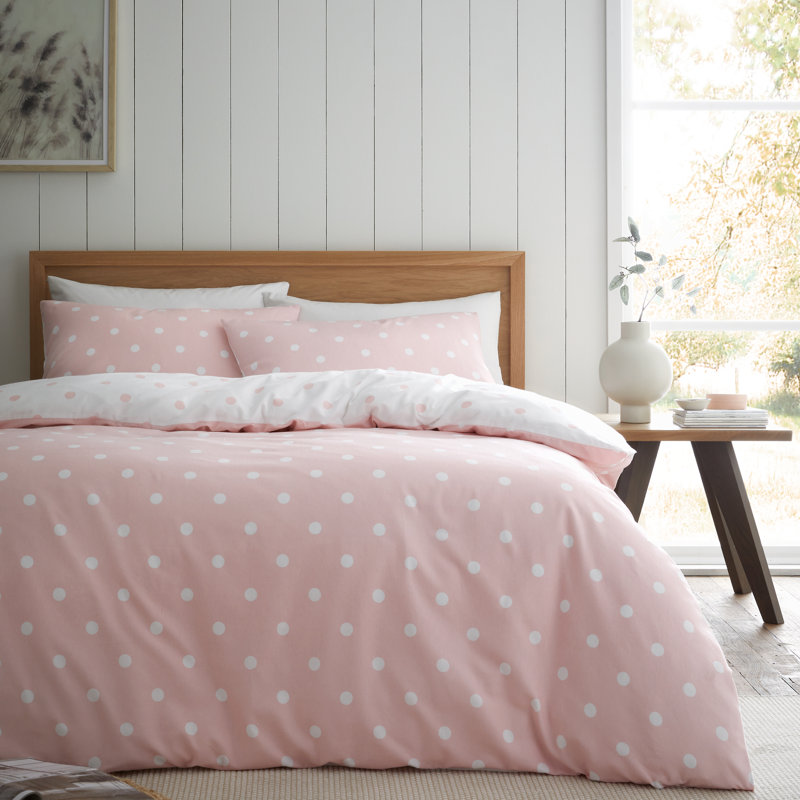 Brushed Polka Dot Cotton Reversible Duvet Cover Set, King Duvet Cover + 2 Standard Pillowcases, Pink