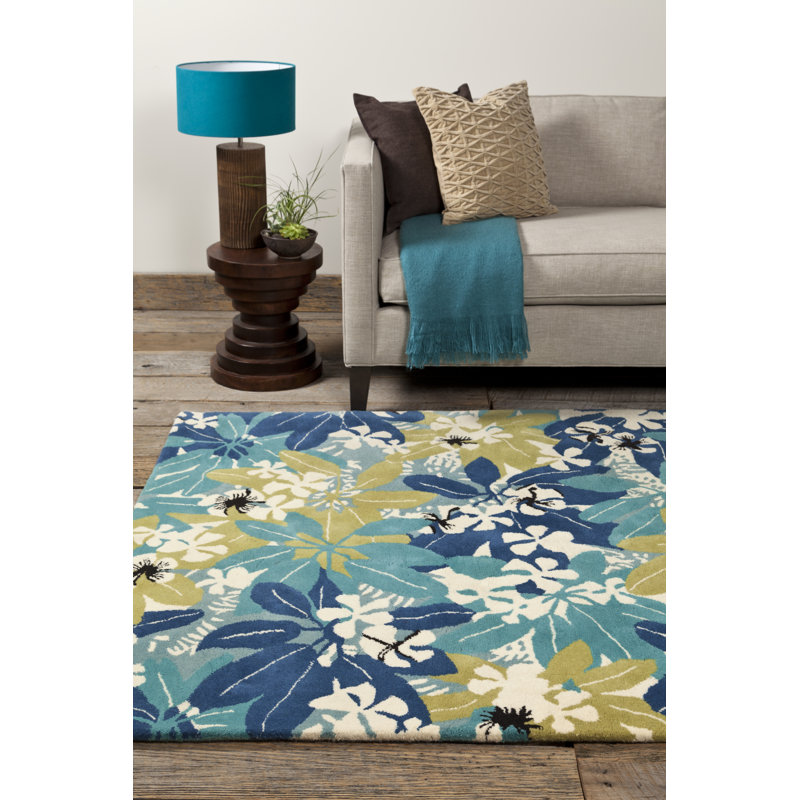Citori / Bingham Authentic Hand-Tufted Handmade Modern Tropical Overlapping Foliage White, Green, Blue & Black Wool Area Rug