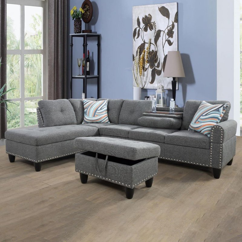 Canapé modulaire en lin 3 pièces, Lin gris foncé, Orienté à droite