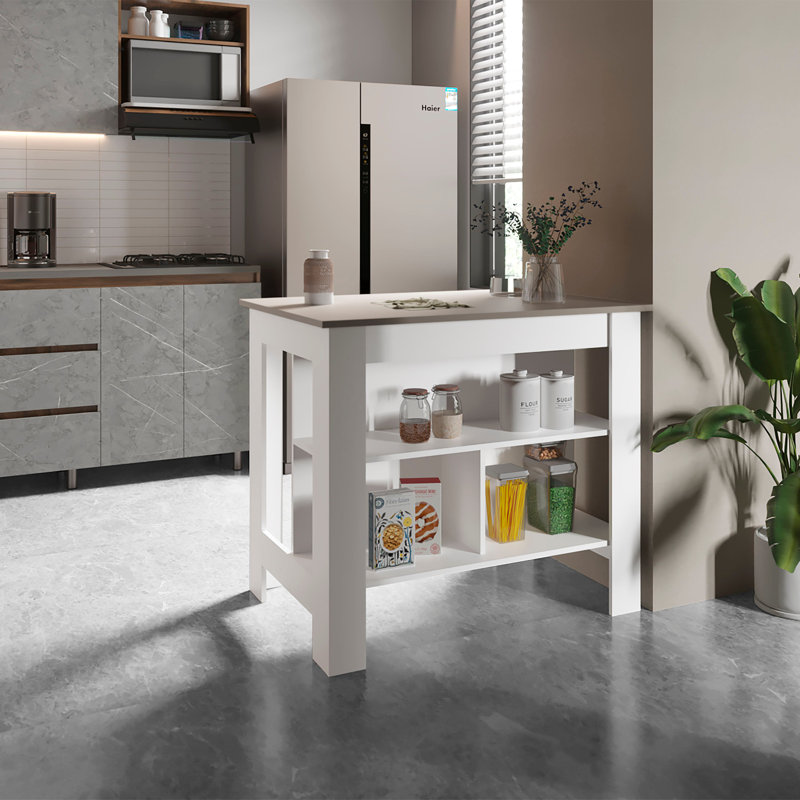 Courson Kitchen Island 2-Tier Shelf 40" Width And Large Work, Grey/White