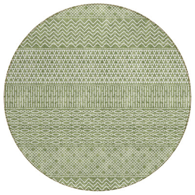 8' Green And Ivory Round Chevron Washable Indoor Outdoor Area Rug