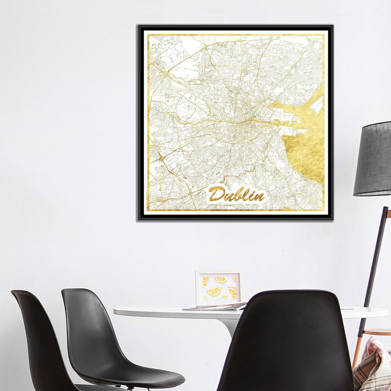 «Dublin Gold Leaf Urban Blueprint Map», impression sur toile, H 18 po x l 18 po x P 1,5 po, Toile avec cadre noir