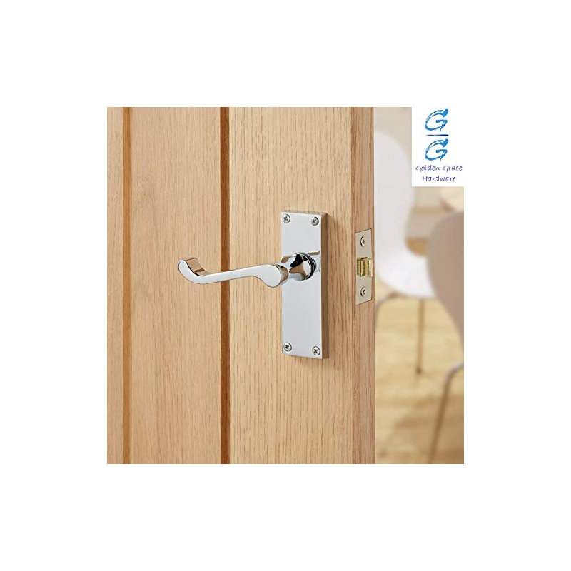 Golden Grace 1 Set Victorian Scroll Latch Door Handles in Polished Chrome with 1 Pair of 3" Ball Bearing Hinges & Latches Pack - 120mm x 40mm Backplate