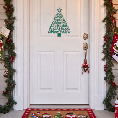 Metal Christmas Tree Wall Decor, Green Metal Wall Sign with WISH YOU A MERRY CHRISTMAS & HAPPY NEW YEAR Letter, Holiday Wall Art for Home Xmas Decoration