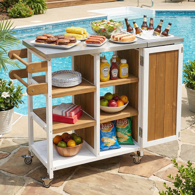 Îlot de cuisine extérieur pliable et station de préparation portable | Chariot de barbecue sur roulettes avec armoire de rangement et roues verrouillables