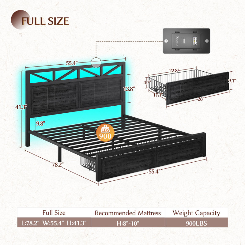 Queen Bed Frame With Headboard, Led Bed Frame With Charging Station, Storage Bed With 2 Wooden Drawers, Full, Black