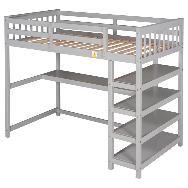 Lit mezzanine avec tablettes de rangement et bureau sous le lit, Gris, Lit simple