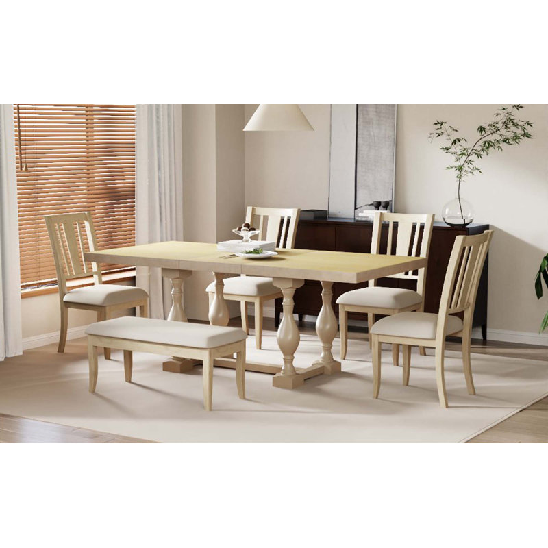 Table de salle à manger extensible avec tréteaux 6 pièces Traditional, Naturel, Naturel