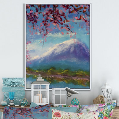 «Pink Sakura Flowers Over Mountain Lake», reproduction d'art sur toile traditionnelle