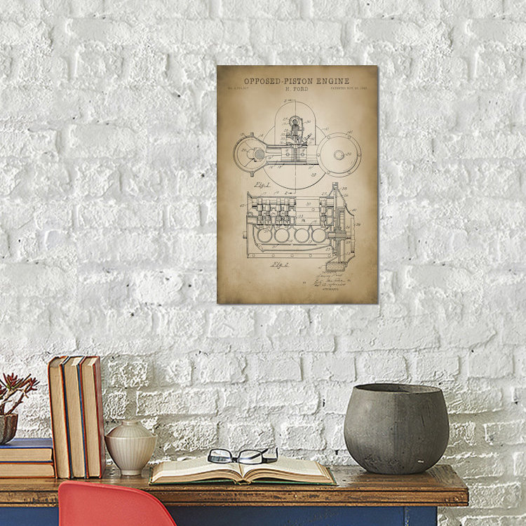 « opposed-moteur à piston », impression sur toile, H 18 po x l 12 po x P 1,5 po, Pas de tapis, Toile tendue