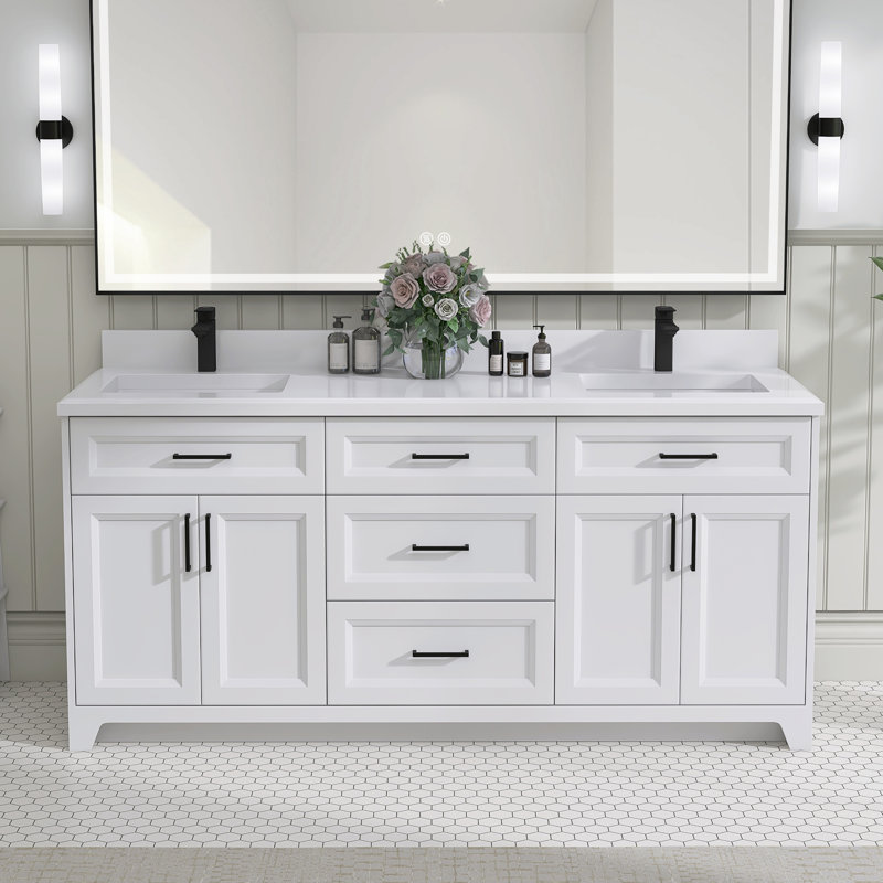 Base de meuble-lavabo double en bois massif 72 po seulement, Blanc
