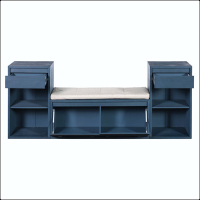 All-in-One Entryway Storage Bench with Cushion, Drawers, and Open Shelves - Antique Navy