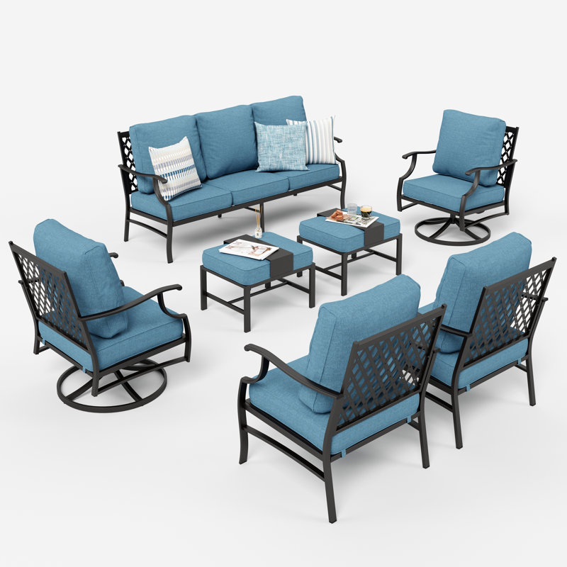 Akadian 9-Person Wicker Patio Conversation Set with Swivel Chairs, Cushion Pro Denim Blue Performance Basketweave, No