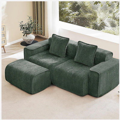 Canapé modulaire en L à 2 places avec passepoil à bordure française, sans assemblage requis, canapé à 2 places avec coussins décoratifs et 1 repose-pieds mobile, tissu de velours vert
