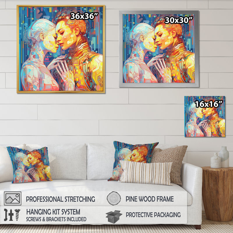 «Retro Robot Couple in Love», reproduction sur toile, Cadre flottant brun, H 36 po x l 36 po x P 1,5 po
