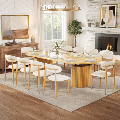 94.49" Extendable Dining Table Set for 10, 43.3"-94.49" Oval Wood Grain Dining Table, 10 Upholstered Fabric Chairs, Modern Farmhouse Style