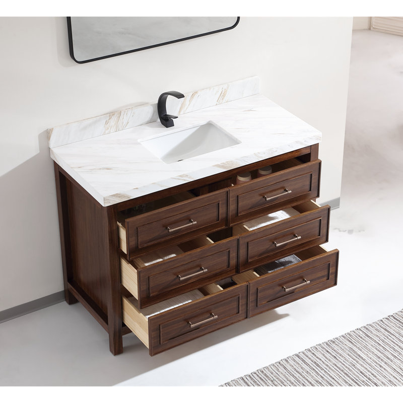 48" EBONY SINK VANITY DARK FINISH WITH WK-48 TOP 2" THICK WHITE NATURAL TOP, White, Brown