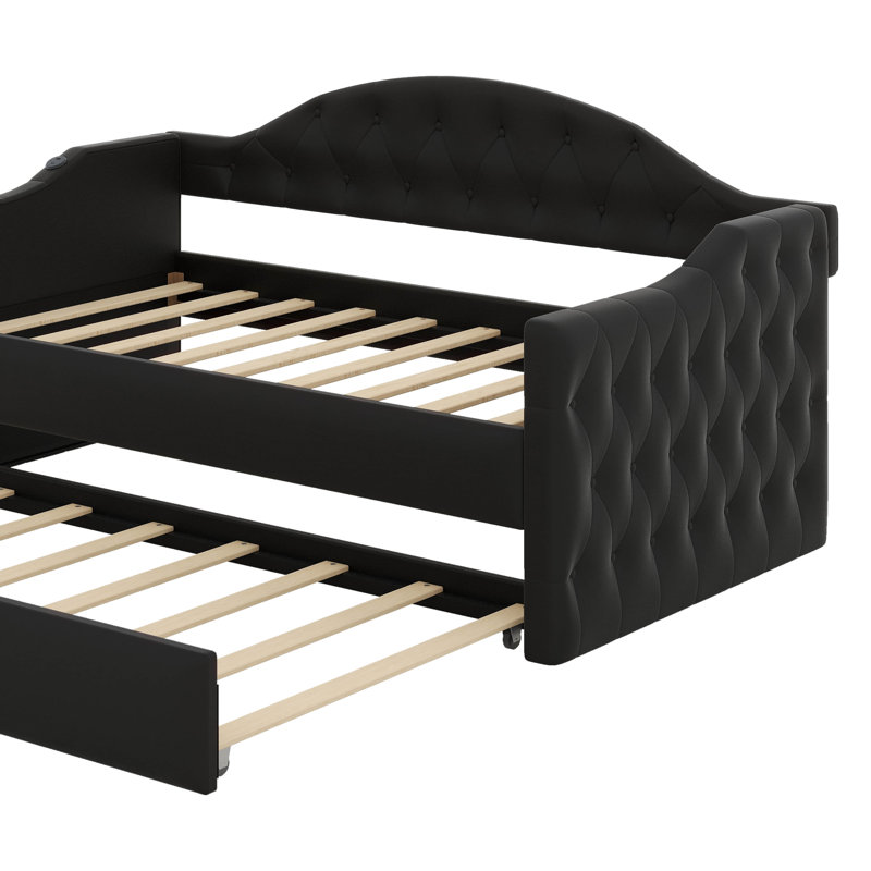 Twin Size Upholstered Daybed With Trundle,Velvet Sofa Bed With USB Ports And Wood Slats Supports,Button Tufted Backrest And Armrest, No Box Spring Needed