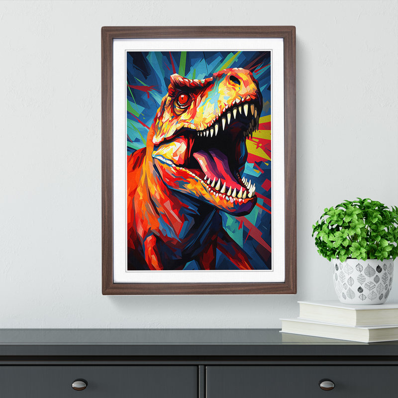 Tyrannosaurus Rex Geometric - Single Picture Frame Print on Wood, 46cm H x 34cm W x 2cm D, Walnut
