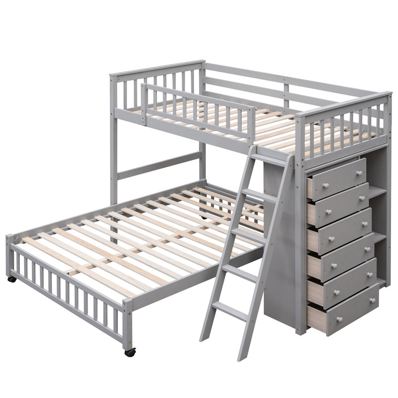Lit superposé simple gris sur lit double avec 6 tiroirs et un lit en bois mobile dans six armoires, Lit simple, Gris