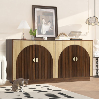 Symmetrical Reeded Buffet Cabinet, 65" Fluted Mid-century Modern Sideboard With Storage & Adjustable Shelves, Credenza Console Table As Coffee Bar & Tv Stand For Dining Living Room