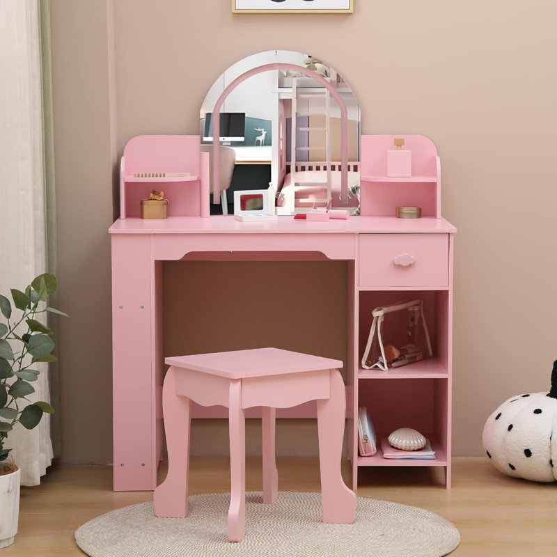 Kids Vanity with Lighted Mirror & Stool. Little Girls Vanity with Adjustable LED Light. Bookshelf. Storage Drawer & Shelves for Girls 3-9.