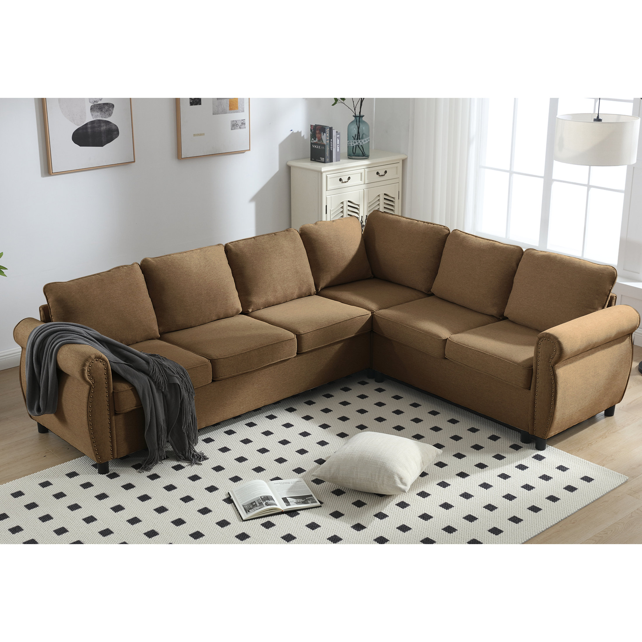 Red Barrel Studio 104'' Brown L-Shaped Sleeper Sectional Sofa Couch - 2 ...