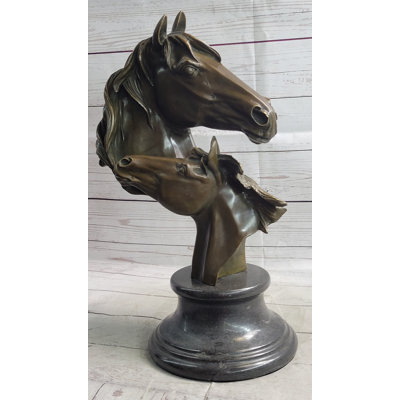 Temmy Necking Horses Bronze Bust Sculpture Statue Equestrian Decor Signed Original Art