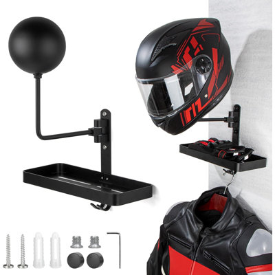 Helmet Holder Wall Mount With Shlef, 180° Rotation Helmet Storage Rack For Motorcycle Bike Racing Outerwear Sports Gear Display