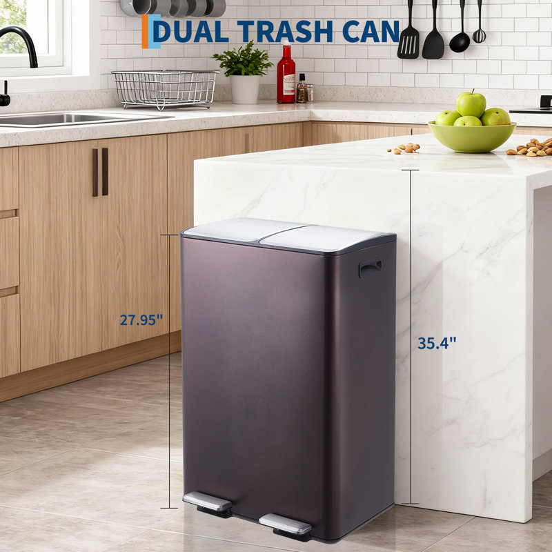 Poubelle double 16 gallons pour la cuisine, 2 x 30 L poubelle en acier inoxydable avec couvercle, Brun