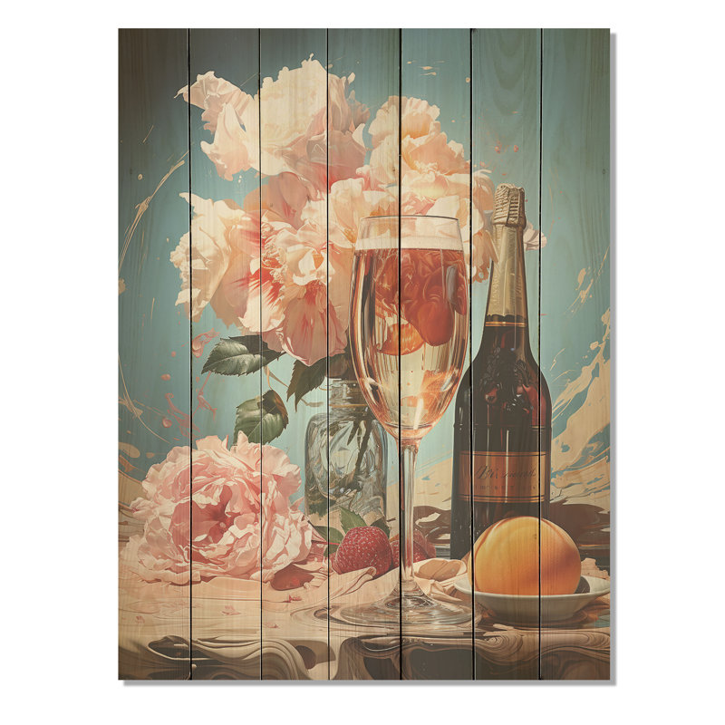 Vin mousseux et fleurs élégantes - Vin sur bois, H 40 po x l 30 po