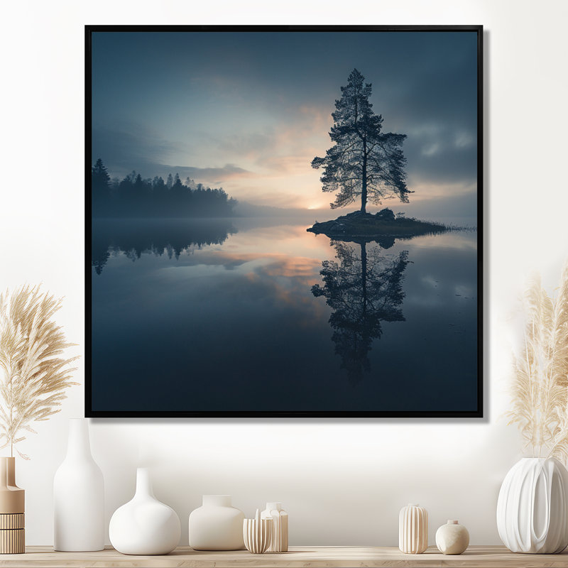 Bleu matin, brouillard au-dessus de Forest Lake - lac, art mural, Cadre flottant noir, bois massif, H 16 po x l 16 po