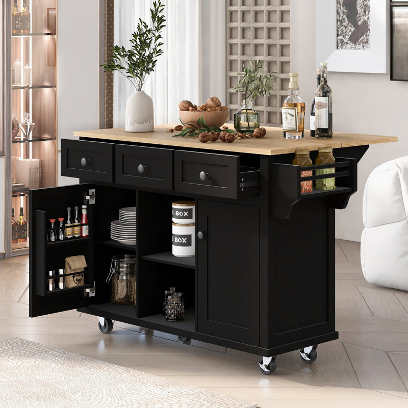 Mobile Kitchen Island Cart With Rubberwood Drop-Leaf Countertop, 3 Drawers & Cabinet Storage, 5-Wheel Rolling, Black, Black