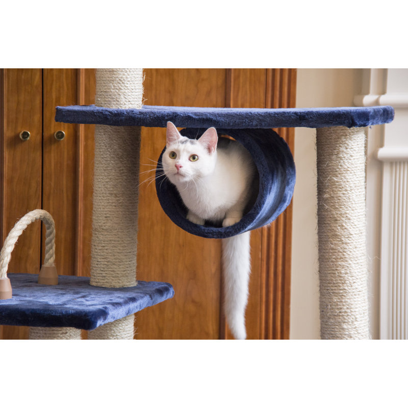 Navy Blue Sisal and Faux Fur Multi-Level Cat Tree Tower