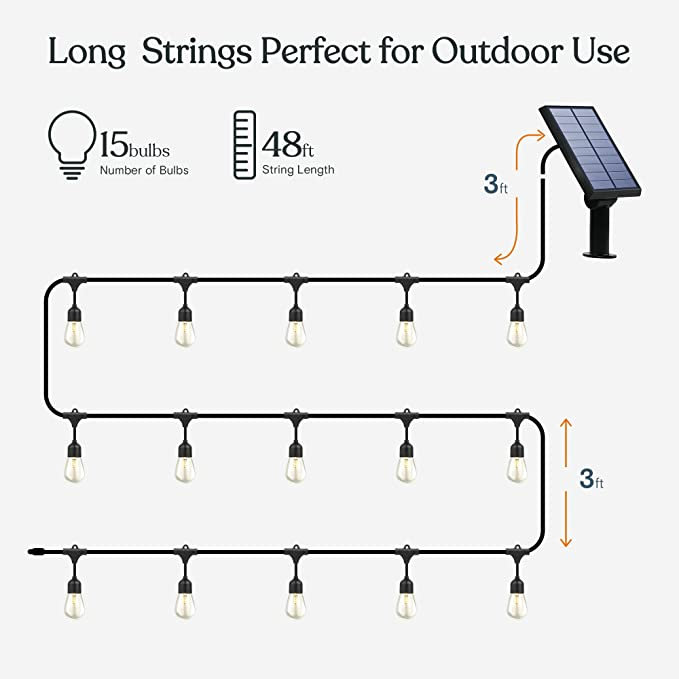 Ambience Pro 48 ft. Solar-Powered Outdoor LED String Lights with 15 Soft White S14 Bulbs, Weatherproof and Commercial-Grade Cord