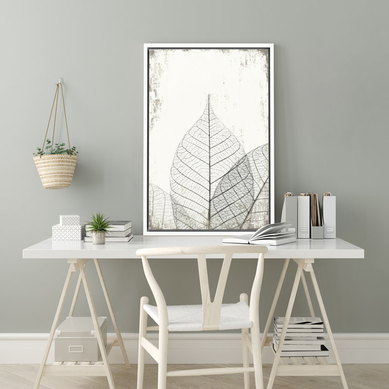 " Translucent Leaves II " Plant Vein Rustic Large Framed Canvas Print Wall Art, 36" H x 24" W x 2" D, White Framed Canvas