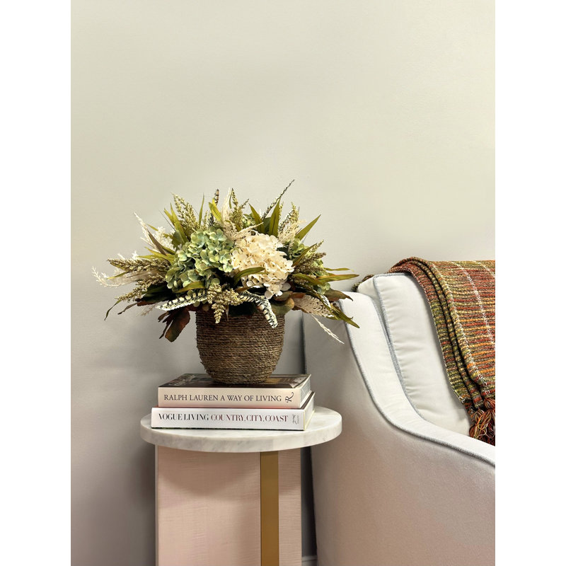 Levasy Fall Arrangement with Hydrangeas and Wheat in Rope Pot, Green