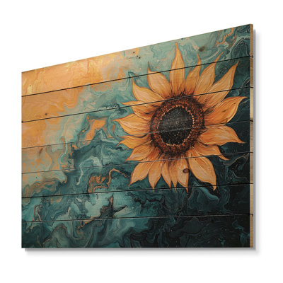 Marble Symphony Of A Sunflower II - Traditional Yellow Wood Print On Natural Pine Wood