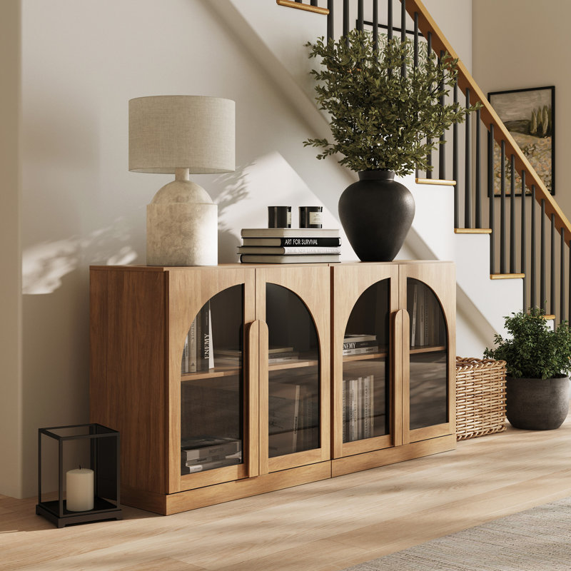 Set of 2 Arched Sideboard Cabinet w/Glass Doors & Shelf, Camel, Camel