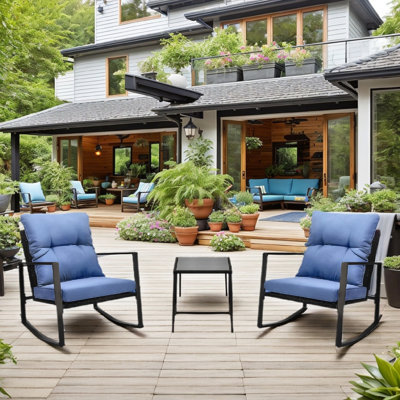 3 terrasses d'extérieur - Coussins bleus en métal et en PE idéaux pour la terrasse, le bord de la piscine, le bistro de jardin avec pelouse haute de 3 pièces, le jardin et le bord de la piscine