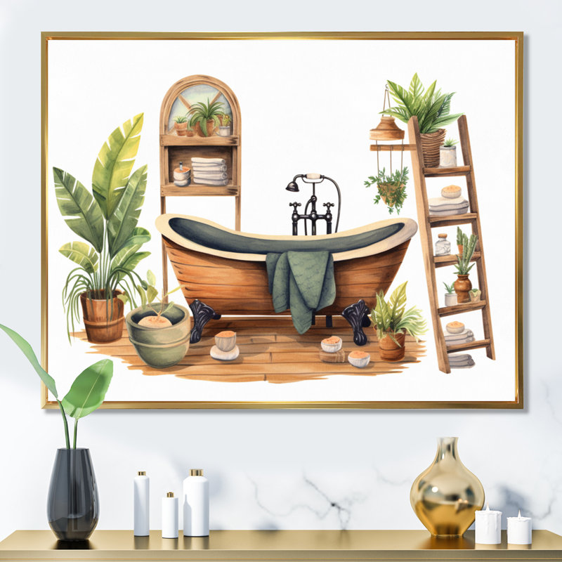 «Natural Bathroom Decor», impression sur toile, Cadre flottant doré, H 30 po x l 40 po x P 1,5 po