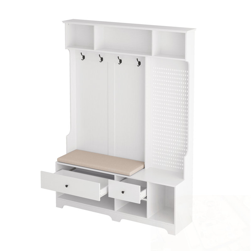 Multi-Purpose Hallway Hall Tree With Removable Linen Cushioned Entryway Bench, Coat Rack, Storage Shelves, And DIY Pegboard,For Hallways, Living Room