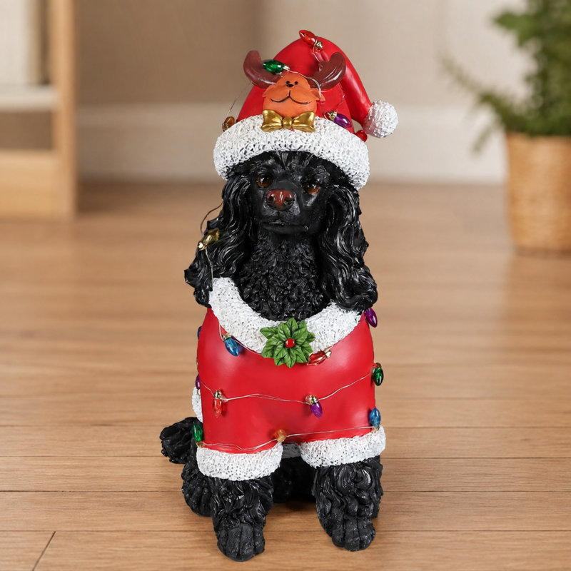 Statue de Noël chien caniche avec tenue de père Noël