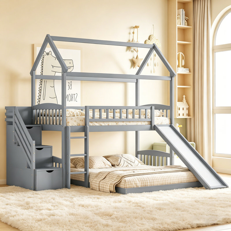 Lit superposé simple au-dessus d'un lit double avec glissade, lit maison pour le plaisir et la sécurité, gris, Gris